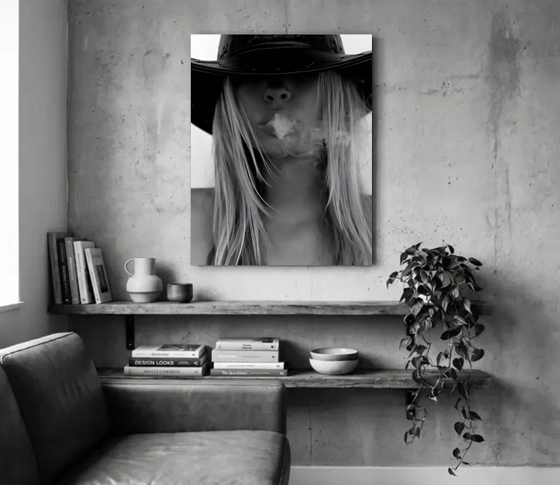 Smoking Cowgirl Unframed in a room
