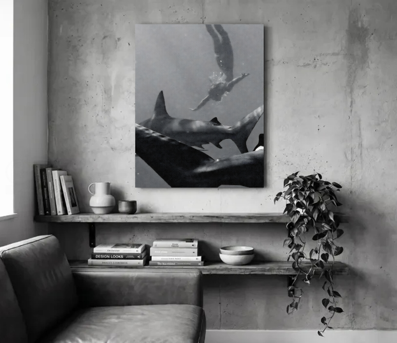 Swimming With Sharks Unframed in a room