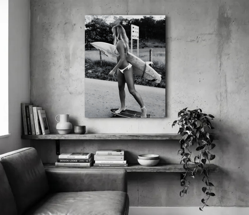 Skateboarding Surfer Girl Unframed in a room